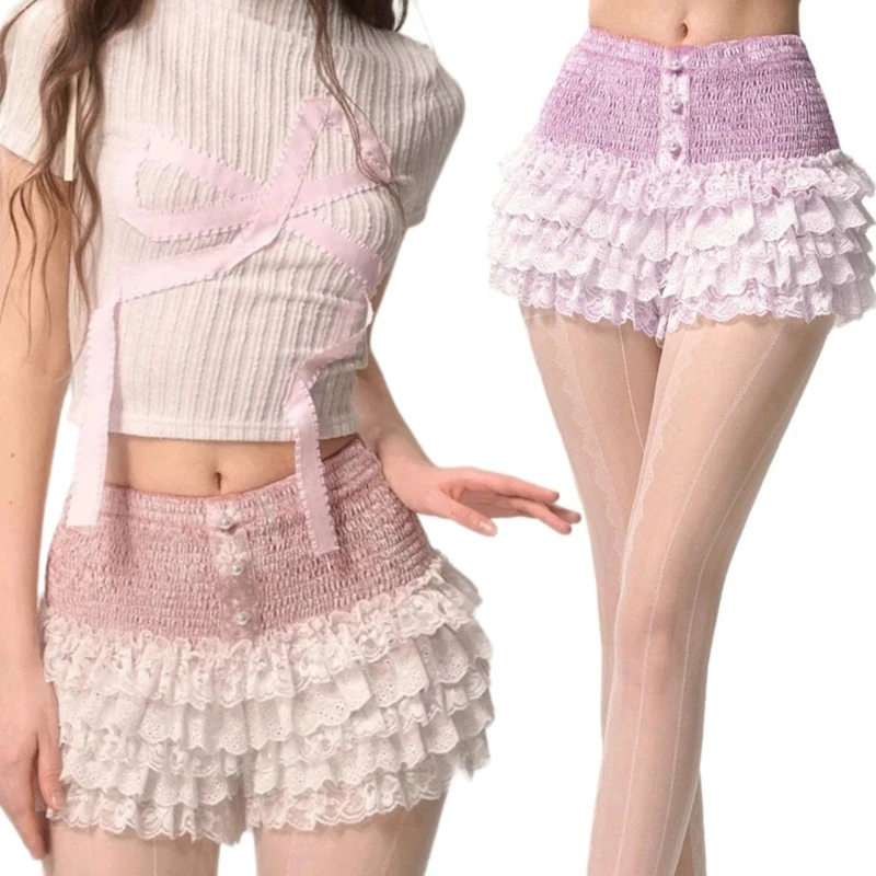 Feminine Pink Lace Shorts Breathable Fabric Comfortable and Breathable Women's Shorts for Home or Casual Outings