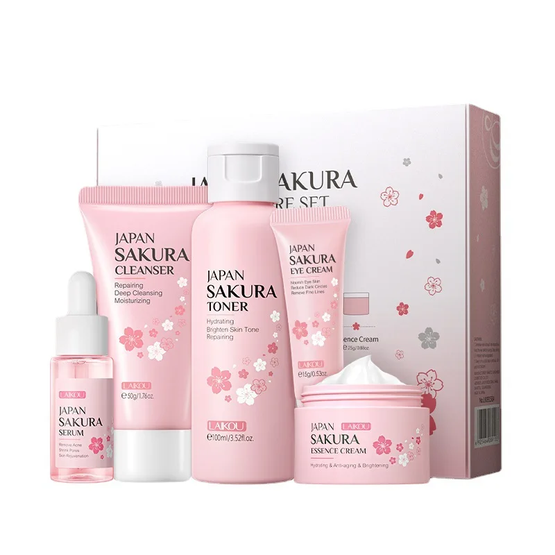 Caja de regalo de flor de cerezo Sakura, juego de cuidado de la piel, crema de ojos de colágeno, suero limpiador Facial, crema Facial de tónico, maquillaje de belleza, 5 piezas