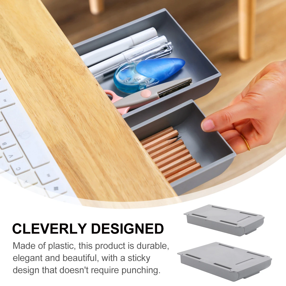 

2Pcs Self Adhesive Storage Boxes Elegant Plastic Hidden Desk ganizer Under Table Drawer Stationery Holder Grey