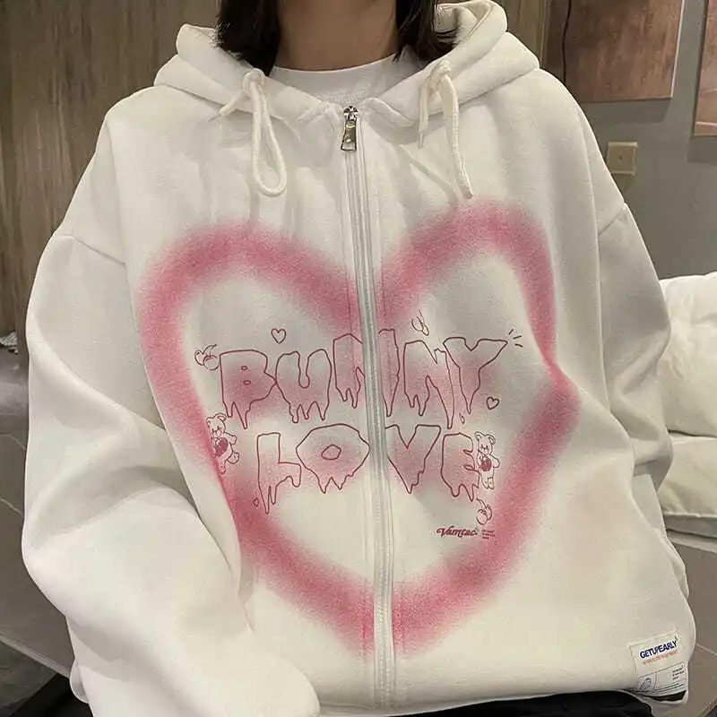 

GELITAYIN Away From The Earth Love Printed Cardigan Hoodie Women 2021 New Plus Velvet Loose Sweatshirt Couple Casual All-match Z