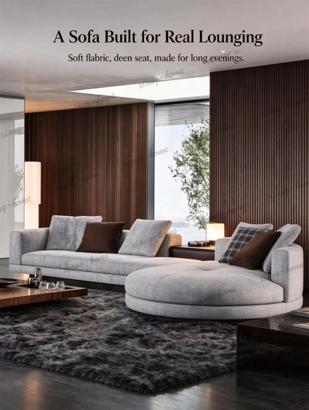 YJ Modern Italian Curved Modular Sofa Set, 7‑Seater Fabric Lounge Couch with Round Chaise for Villa Apartment Living Room