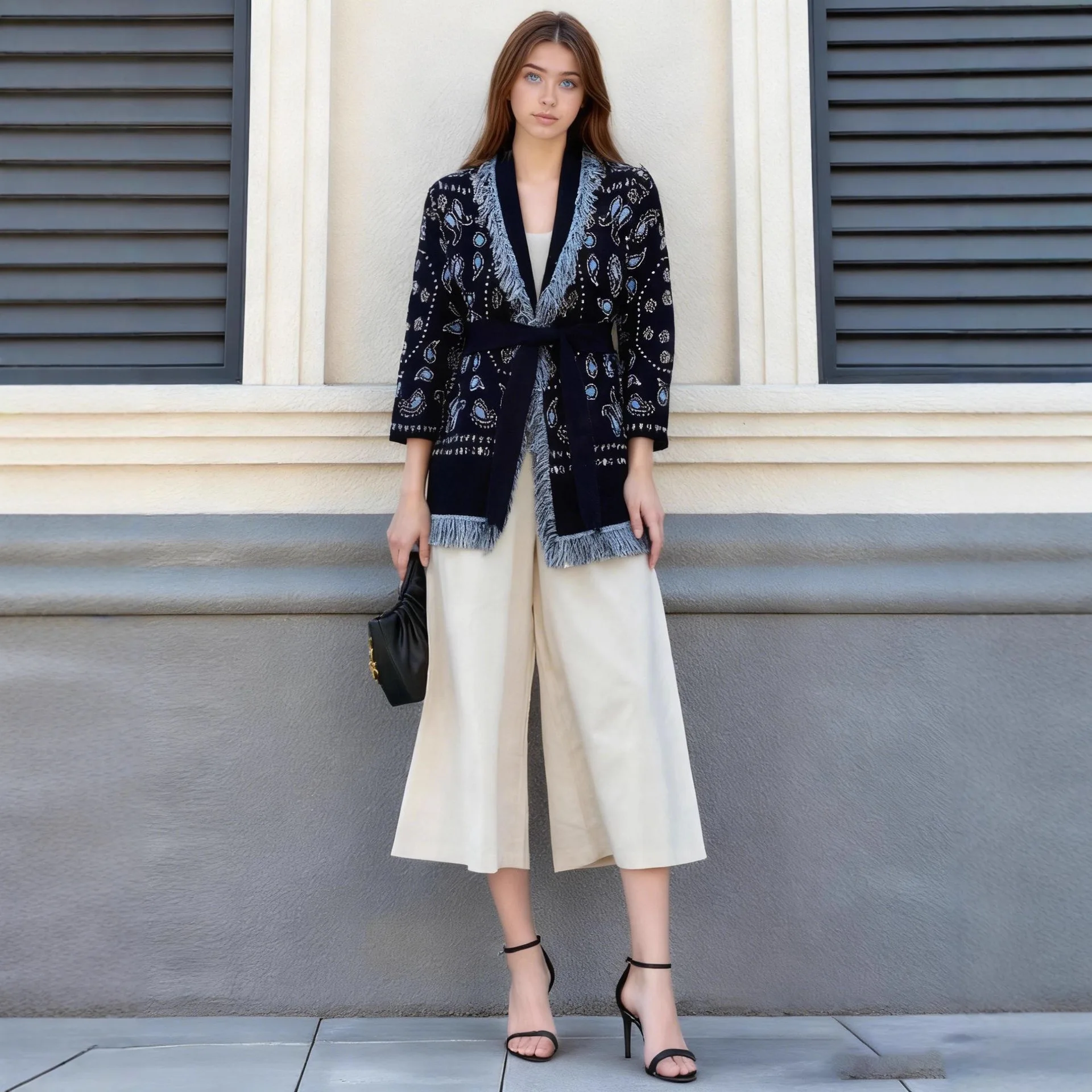 

Женское винтажное длинное вязаное пальто, осенне-зимнее модное свободное элегантное пальто с шалью и кисточками, свитер с v-образным вырезом и галстуком, теплое пальто