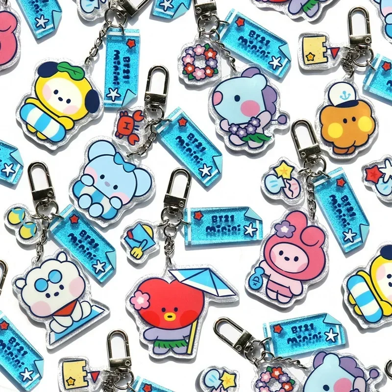 Bt21 Acrylic Key Chain Cartoon Animation Tata Shooky Cooky Chimmy Rj Car Key Chain Couple School Bag Pendant Decoration Gift