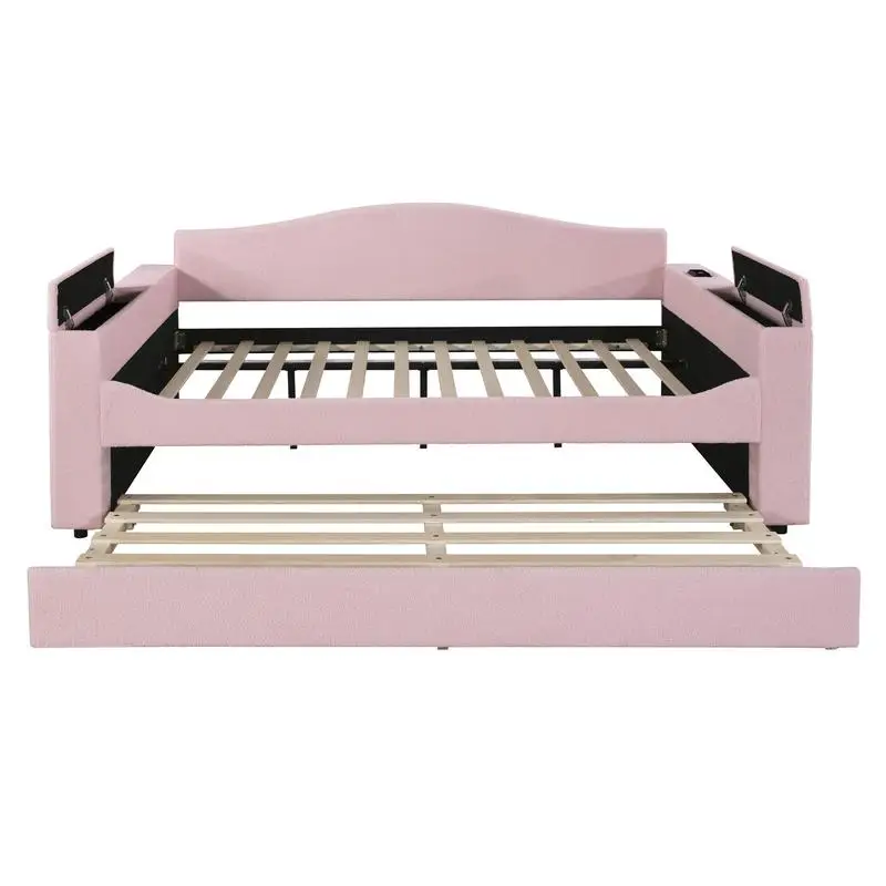 سرير نهاري منجد بالحجم الكامل مع مساند للذراعين للتخزين ونظام صوت بلوتوث وصوف تيدي باللون الوردي #6