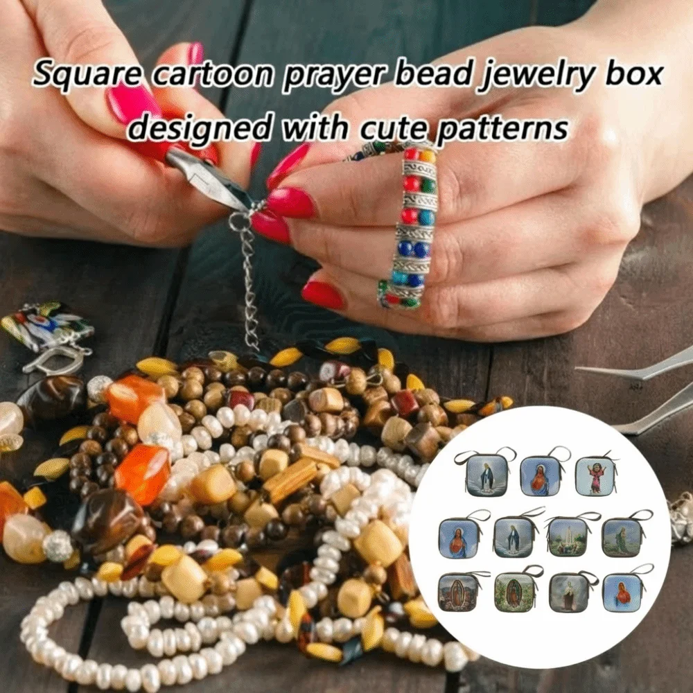 Virgin Mary Prayer Rosary Storage Bag 7x7cm Zippered Religious Jewelry Box Elegant Iron Artwork Christian Gift