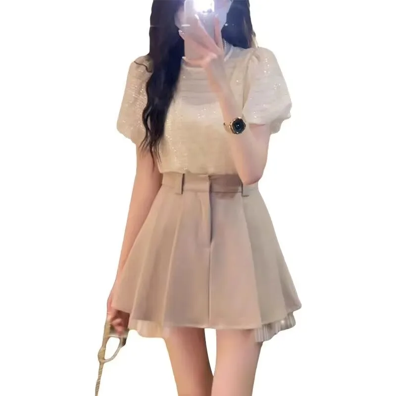 

Summer Commuter Simple Office 2 Piece Sets Woman Outfits Sparkly Short Sleeve Top and Skirt Two-Piece Set