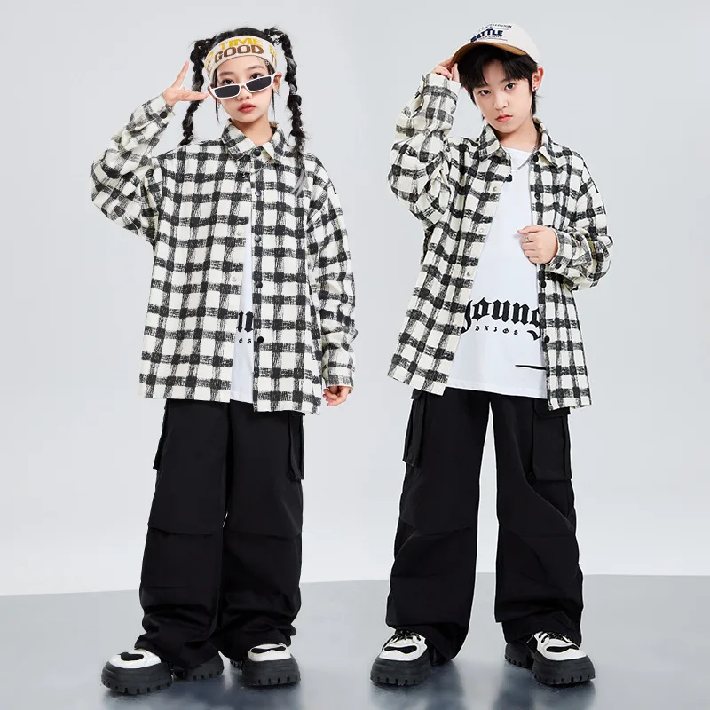 Hip Hop Jungen Street Dance Kariertes Hemd Cargo Hosen Mädchen K-pop Coole Bluse Kleidung Sets Kinder Streetwear Kinder Jazz kostüme