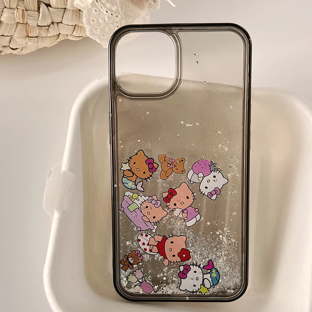 Cute Cartoon Fashion Black Hello Kitty Quicksand Glitter Etui na telefon do iPhone 15 14 13 12 11 Pro Max Przezroczysta tylna obudowa Prezent dla