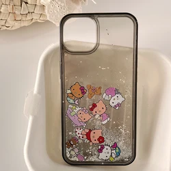 Cute Cartoon Fashion Black Hello Kitty Quicksand Glitter Etui na telefon do iPhone 15 14 13 12 11 Pro Max Przezroczysta tylna obudowa Prezent dla dziewczynki