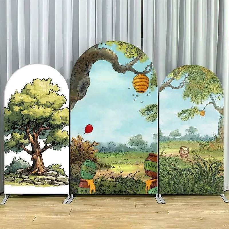 

Single Side Arch Backdrop Cover Whimsical Tree and Honeycomb Scene Background for Party Decor with Arched Panels Featuring Lush
