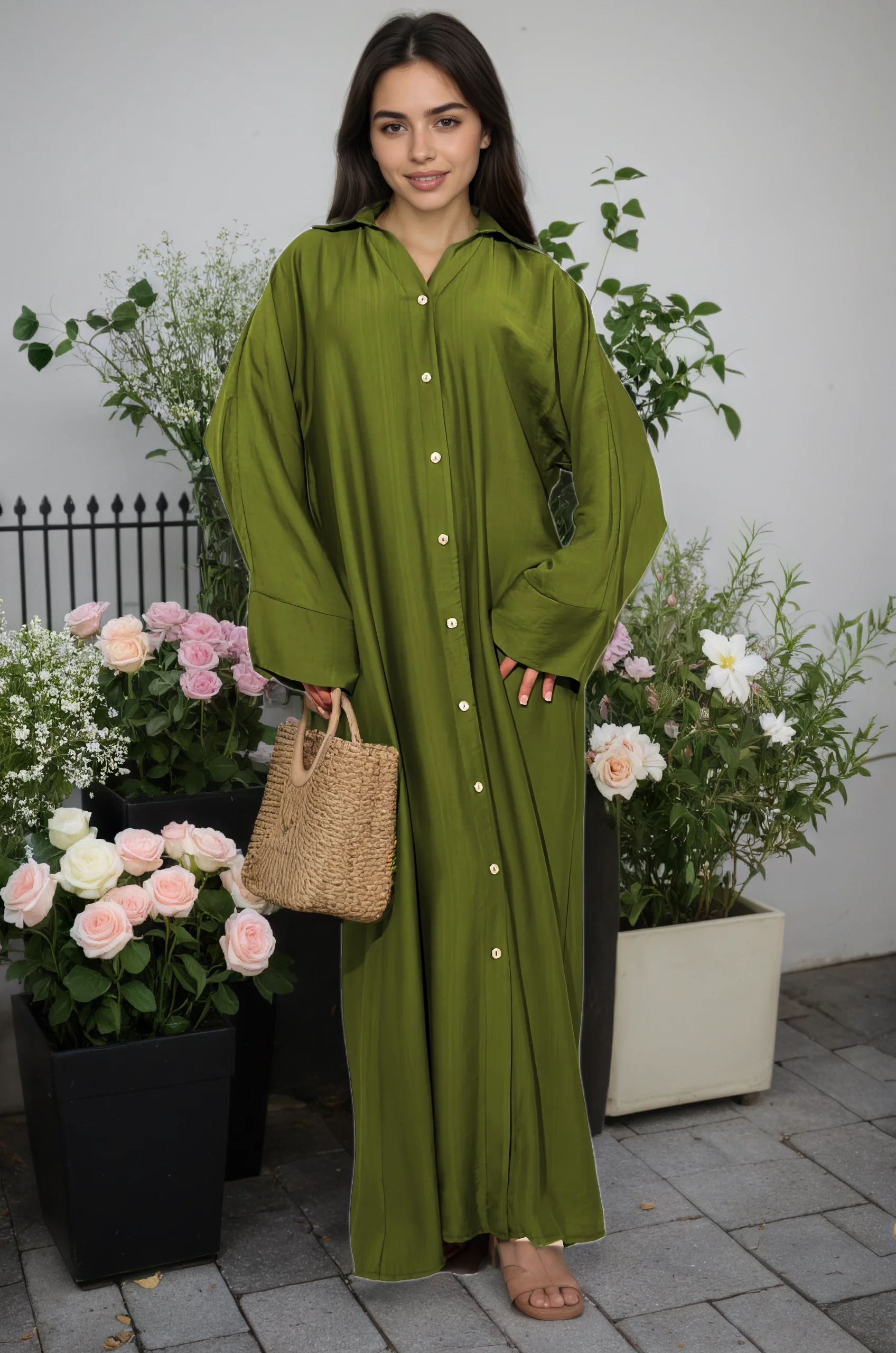 

Muslim Abaya Olive Green Shirt Dress Long Sleeve Button Down Loose Fit Elegant Modest Islam Clothing for Women Premium Fabric
