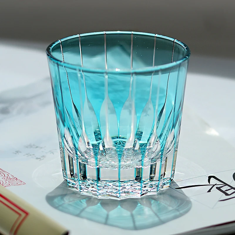 

Edo Kiriko Free shipping 320ml Sky Blue Whisky Glass Hand-cut Crystal Glass Whisky Glass Hand-carved Crystal Glass With Gift Box