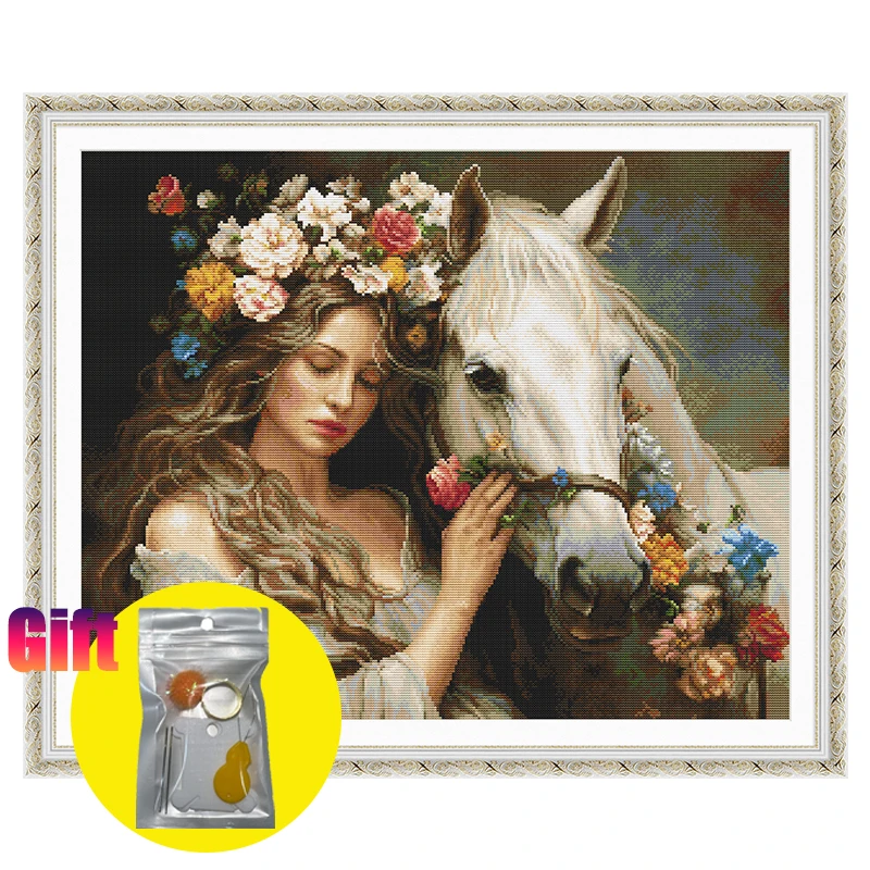 

DIY pre-printed Cross Stitch 11CT 14CT Aida Fabric beginners set Flower Fairy and Horse embroidery floss kit