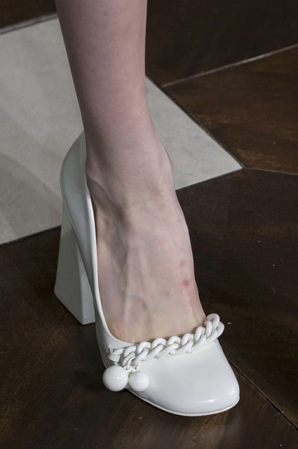 

White Patent Leather Block Heel Pumps Casual Round Toe Chunky Sole Braided Chain & Ball Accents Shoes for Chic Office Looks