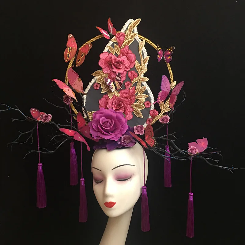 Chinese Style Exaggerated FanTassel Stage Headpiece Runway Show Performance Creative  Atmospheric Tassel Hairstyle Headwear