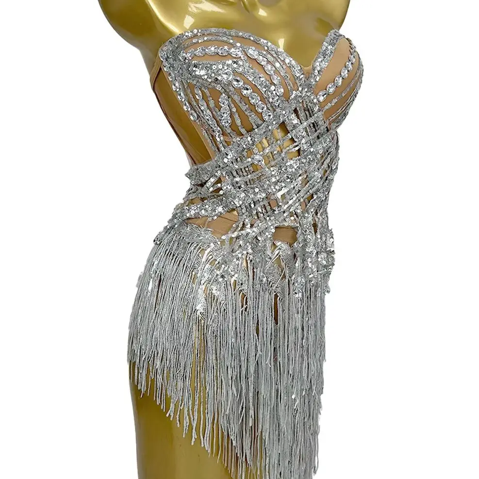 

Sparkly Tassel Sequins Strapless Mini Dress Women Sexy Party Crop Tops Mini Skirt 2Pieces Set Performance Latino Dance Dress