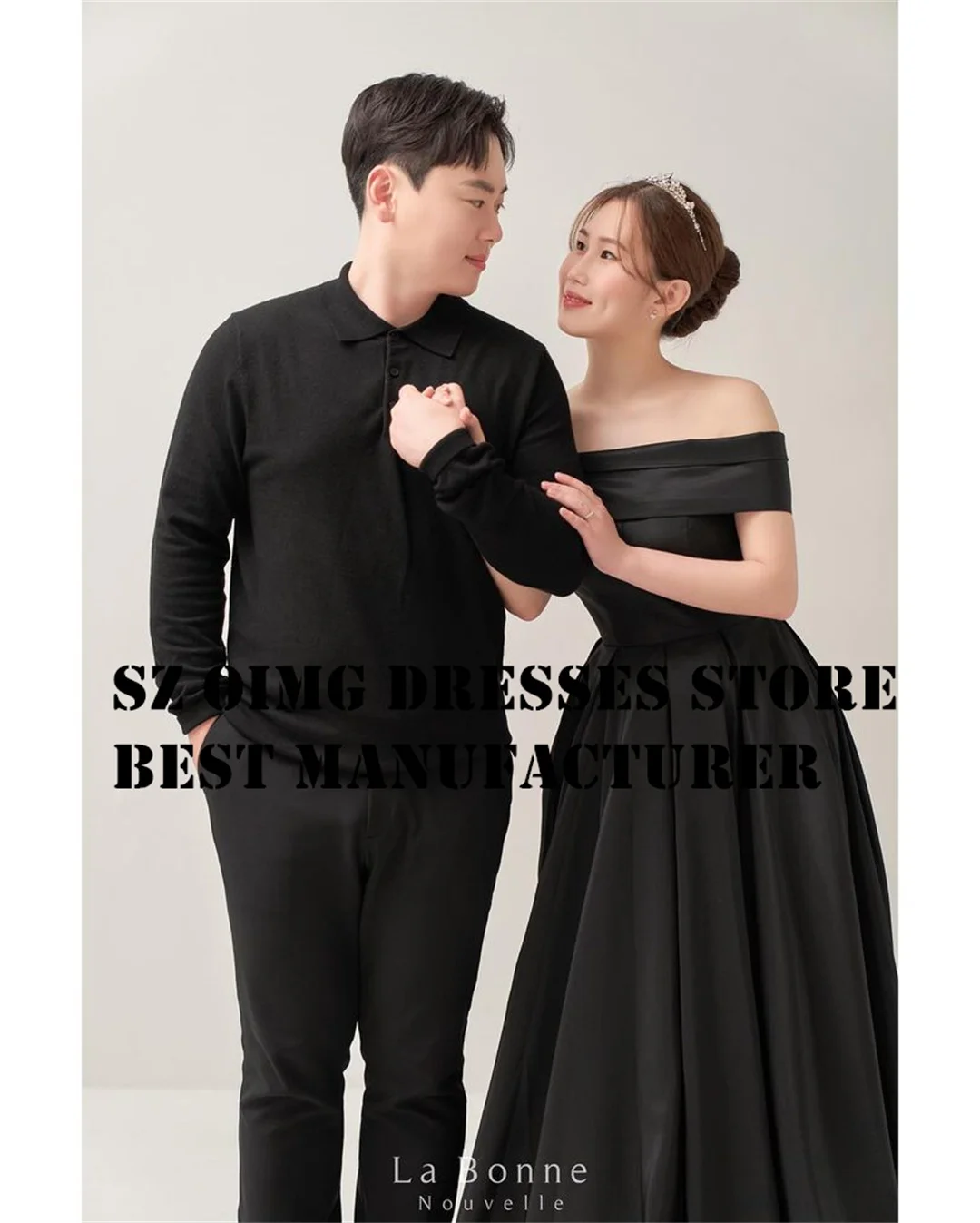 

OIMG Korea A-Line Black Prom Maxi Dresses Ruched A-Line Off Shoulder Satin Pleated Simple Evening Gowns Formal Party Dress