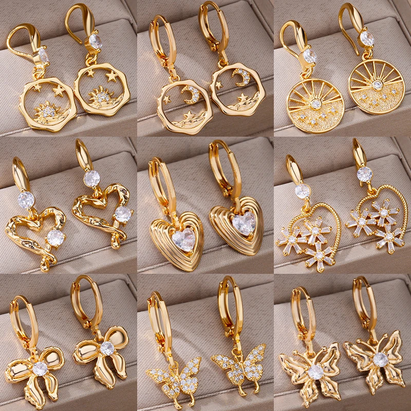 New In Stainless Steel Earrings for Women Gold Color Geometric Heart Butterfly Dangle Drop Earrings 2024 Trending Jewelry Gift