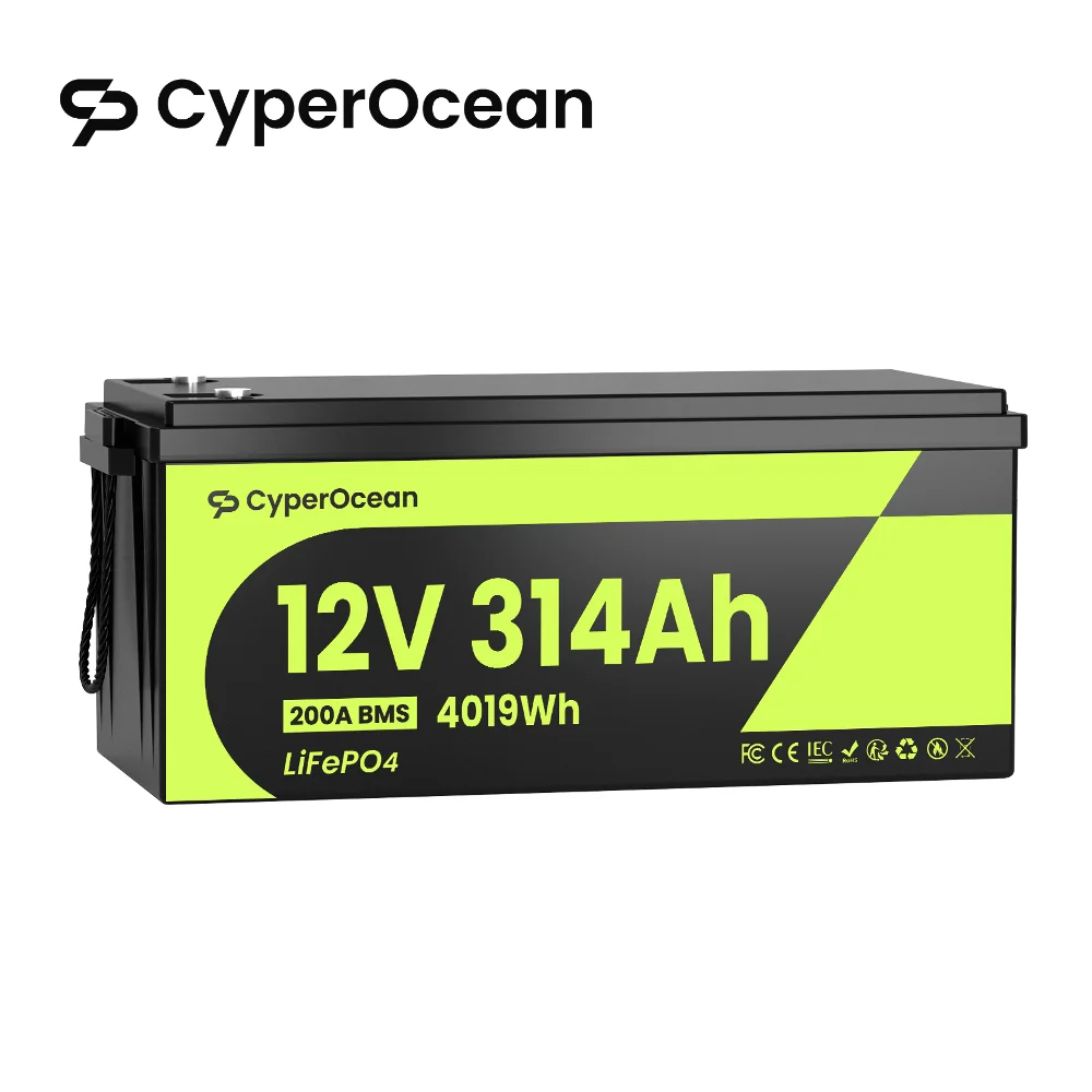 CyperOcean 12V 314Ah 4019Wh LiFePO4 Lithium-Batterie mit Niedertemperatur-BMS-Schutz, tragbare Lithium-Eisenphosphat-Batterie, 15000+ Zyklen für Wohnmobile/Solaranlagen/Camping/Marine/RV/Zuhause usw.