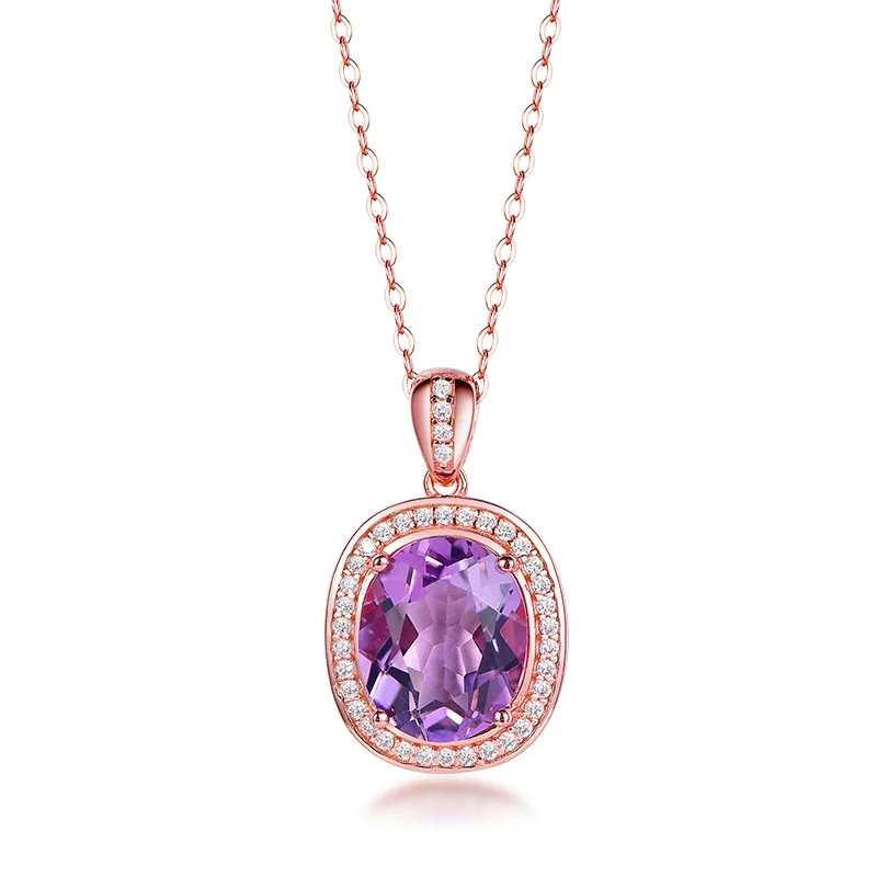 

Natural Amethyst Necklace S925 Silver Pendant Clavicle Rose Gold with Certificate