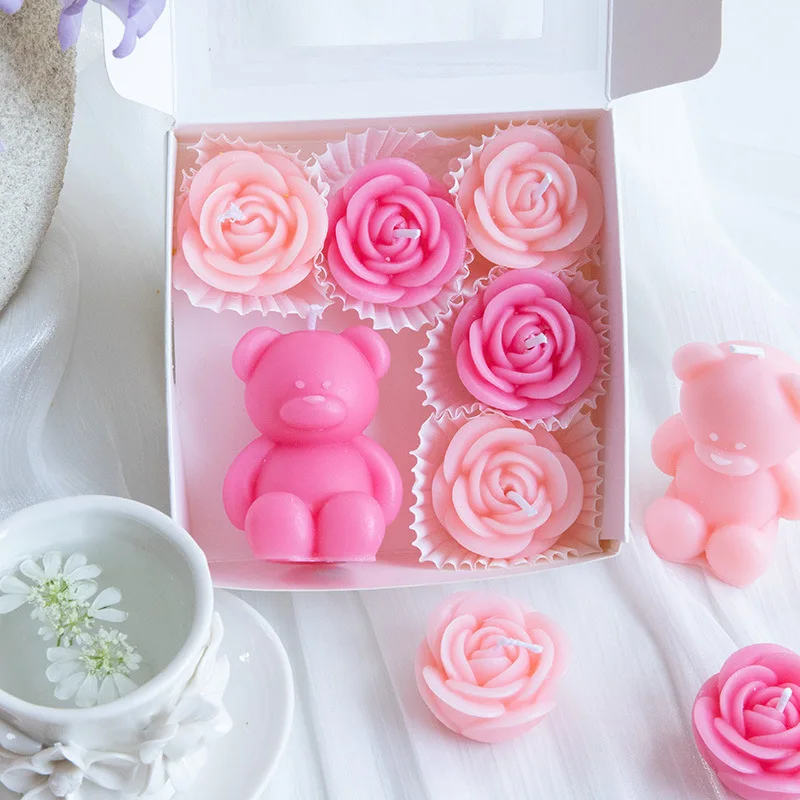 Rose Bear Scented Candles, Ins Romantic Atmosphere, Restaurant Table Decoration Handcrafted Pink Purple Light Fragrance Gift Box