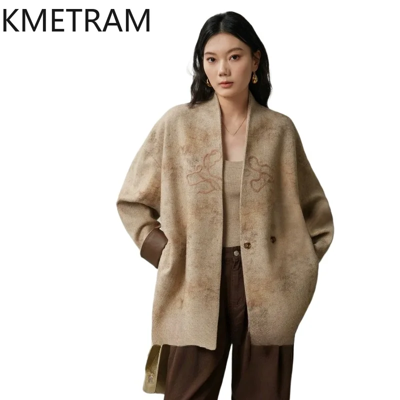 KMETRAM Real Wool Coat Women Vintage Top-Grain Sheepskin Cuffs Coats Chinese Style Mid-Length Jacket Autumn Women Clothing 2026