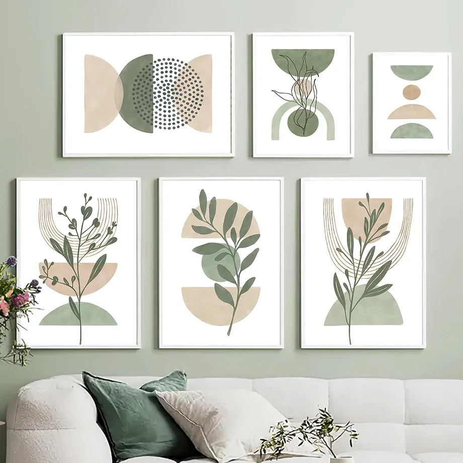 Green Leaves Lines Geometry Abstract Boho Wall Art Canvas Painting Nordic Posters And Prints Wall Pictures For Living Room De
