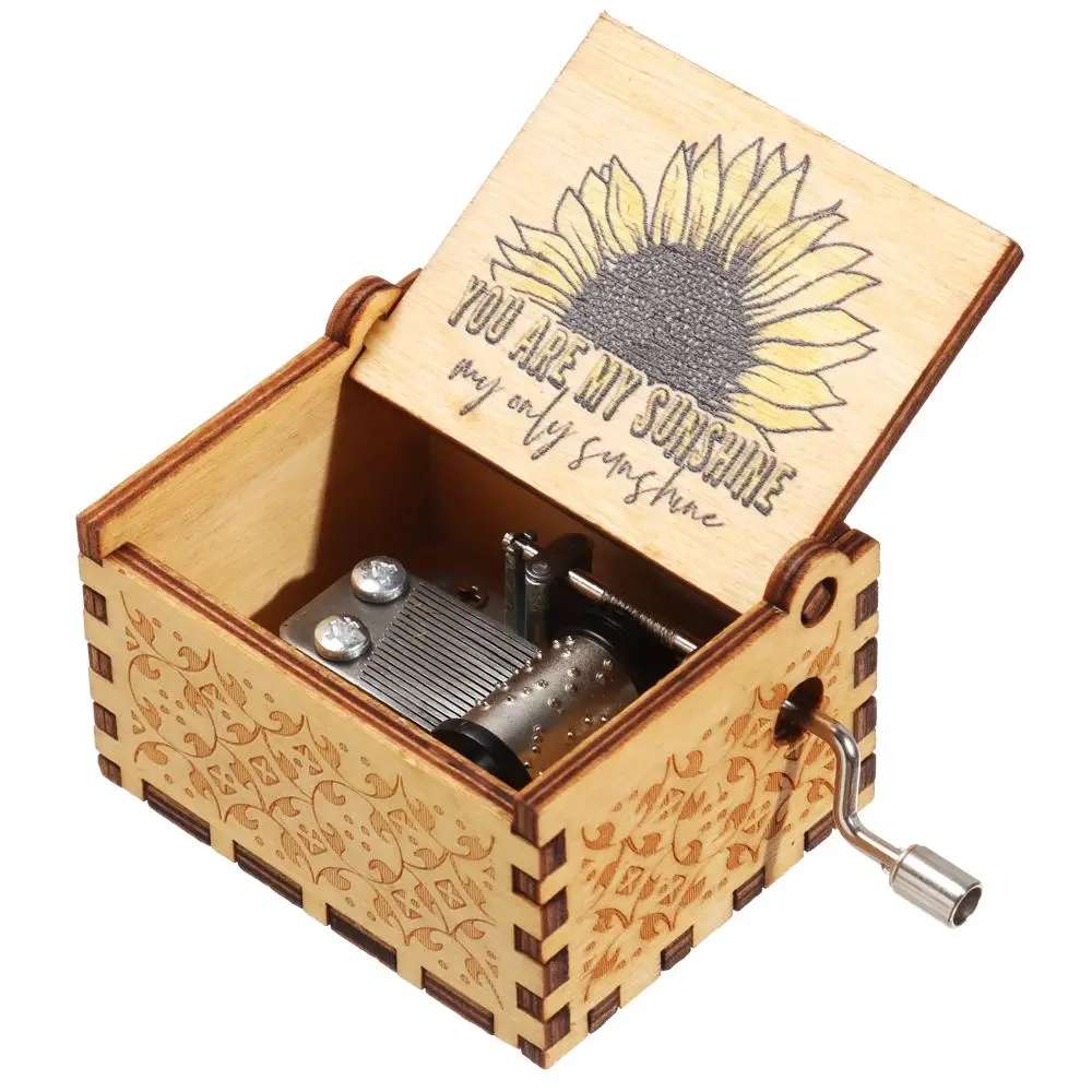 Thanksgiving Wooden Suitable Gifts Birthday Hand-Cranked Musical Boxes Black Engraved You are My Sunshine Music Box