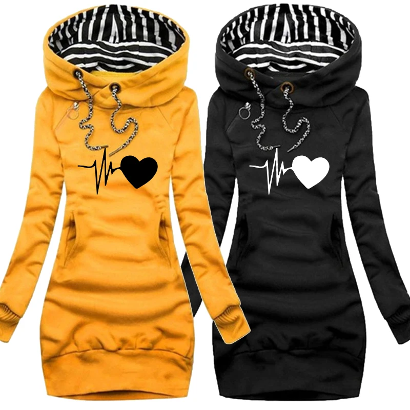 New electrocardiogram Printed Women Autumn Winter Solid Color Long Sleeve Casual Hoodies Dress Sweater Dress S-3XL