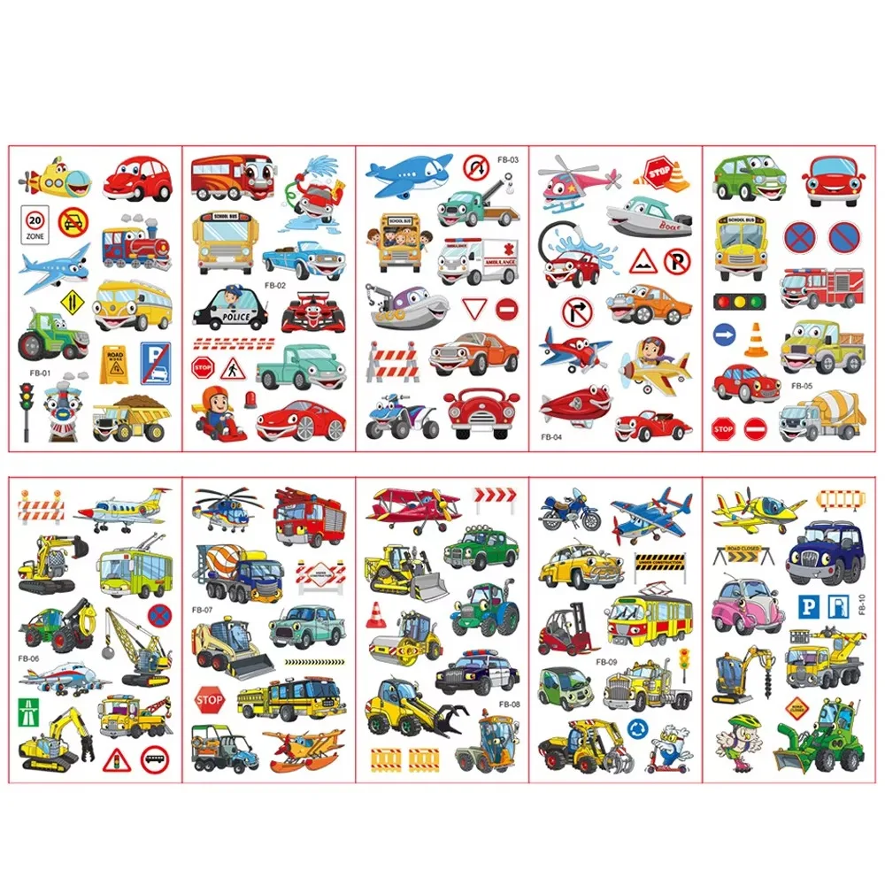 10 Sheets/Set Cars Tattoo Stickers Cute Cartoon Vehicle Temporary Tattoos for Kids Arms DIY Body Art Party Fun