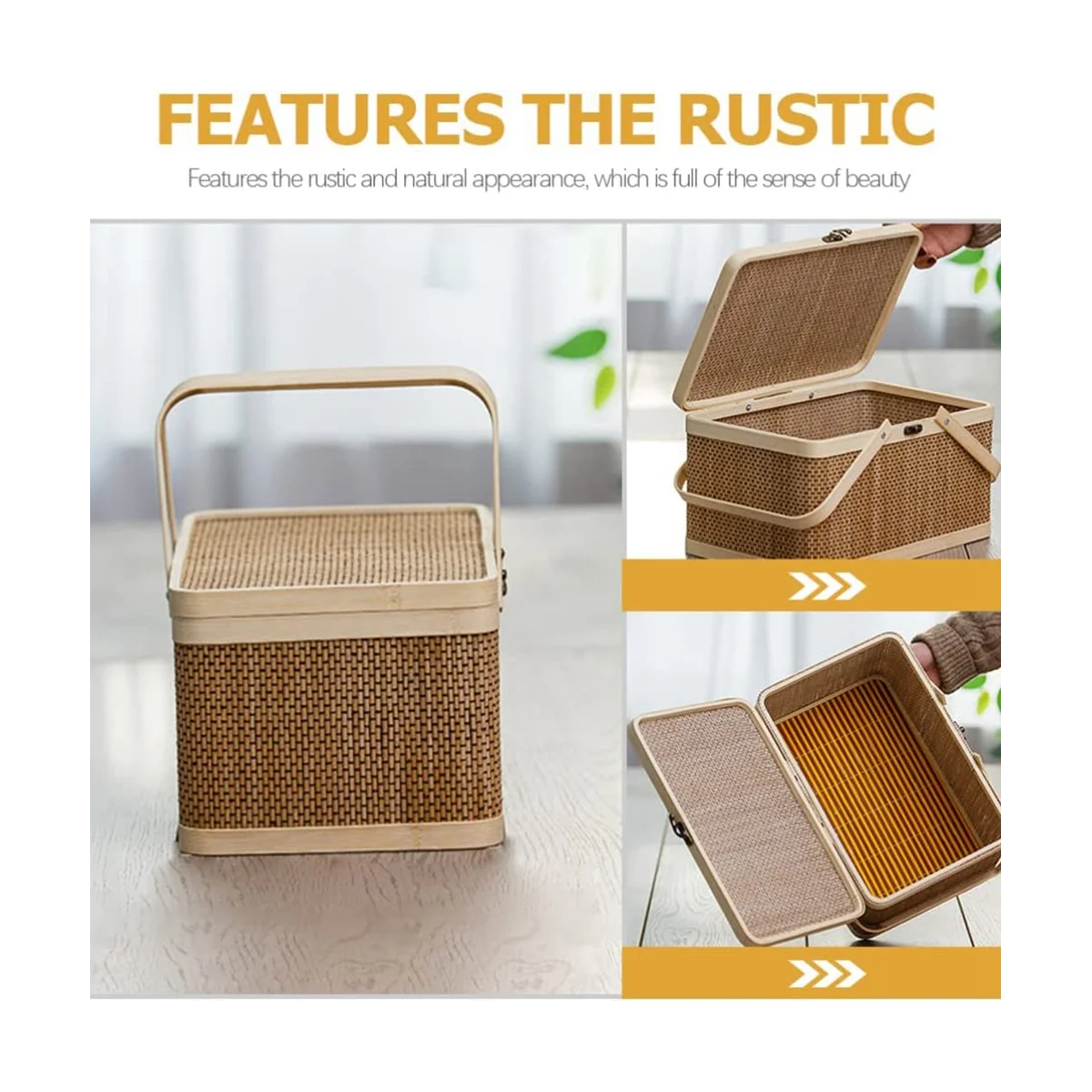 Bamboo Basket Natural -Friendly Woven Basket Bamboo Picnic Basket with Lid Handheld Snacks Bread Storage Basket