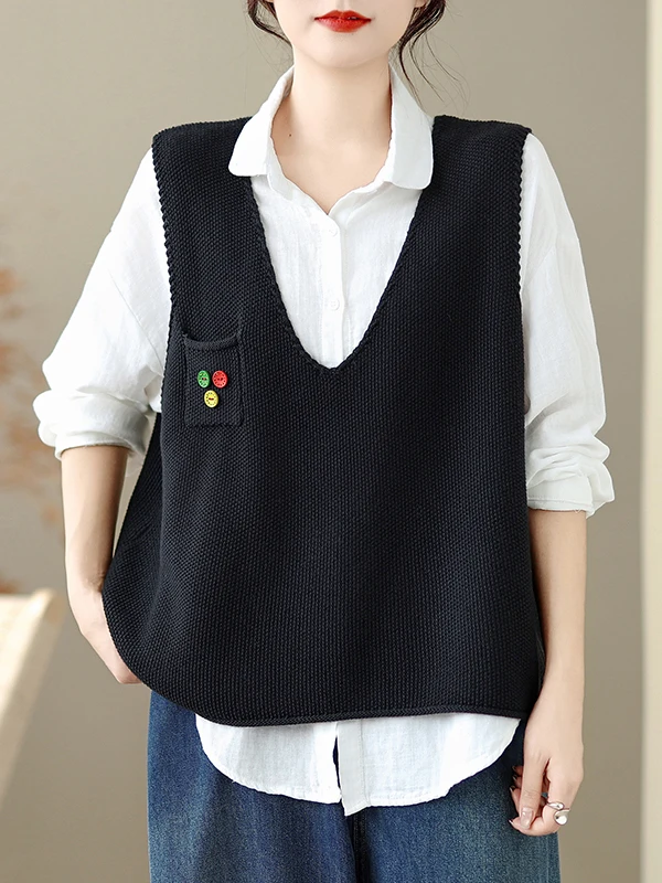 루즈핏 브이넥 니트 베스트 여성용 봄 가을 신상 스타일 민소매 겹겹이 입는 티셔츠 상의 출퇴근 스타일