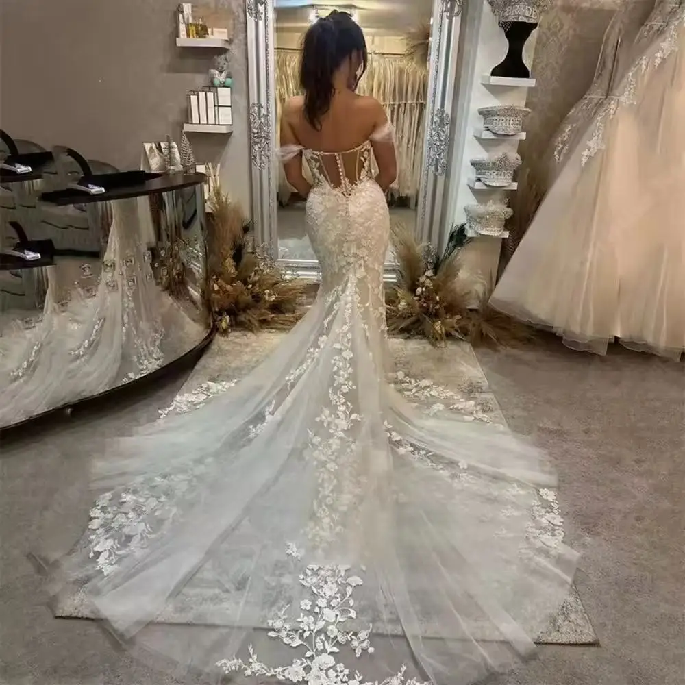 Abiti da sposa a sirena personalizzati con spalle scoperte Abiti da sposa sexy con scollo a V profondo con applicazioni di lunghezza del pavimento Boho Vestidos De Noiva