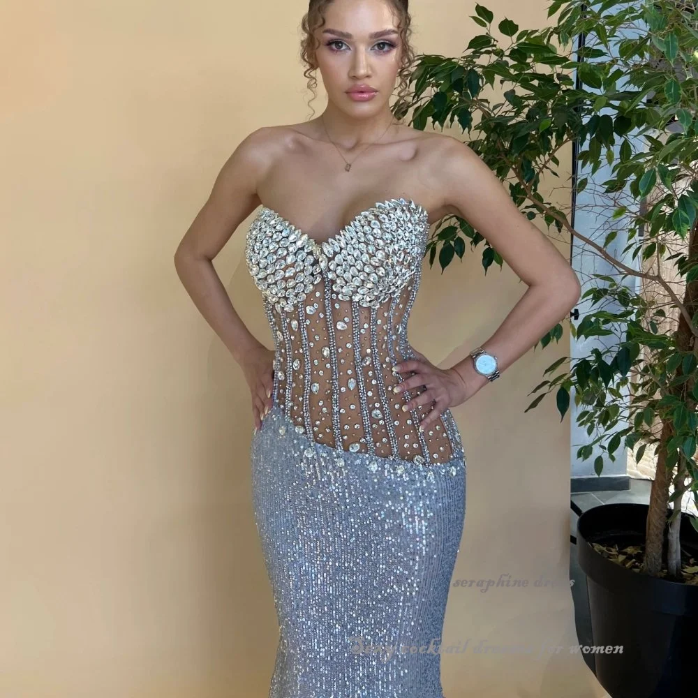 Luxuriöse Abendkleider für Frauen, Spitze, Pailletten, Meerjungfrau, Abendkleid, Korsett im Inneren, trägerloses Mieder, formelle Cocktailparty-Kleider