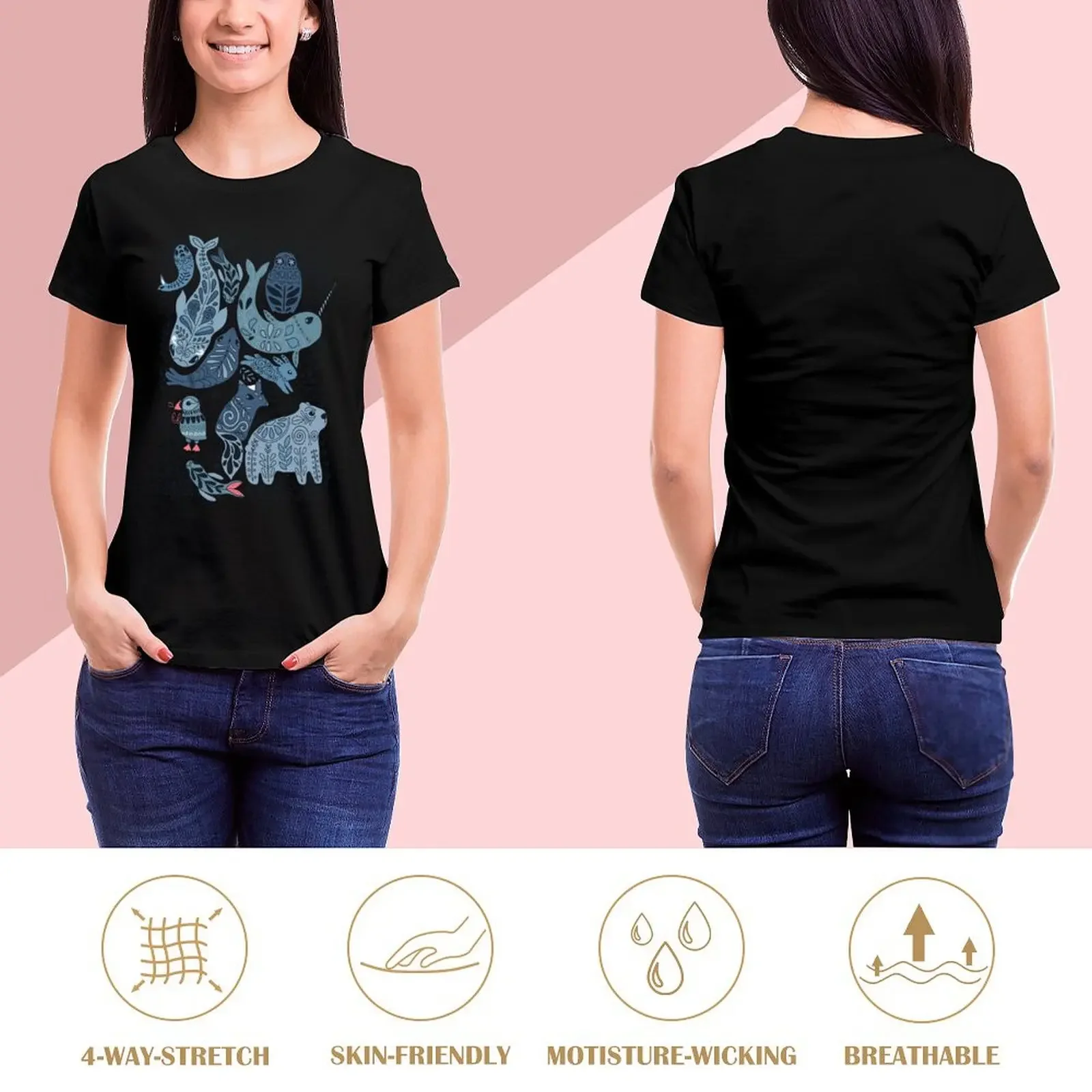 Arctic animals. Narwhal, polar bear, whale, puffin, owl, fox, bunny, seal. T-Shirt sports fans plain t-shirts for Women cotton