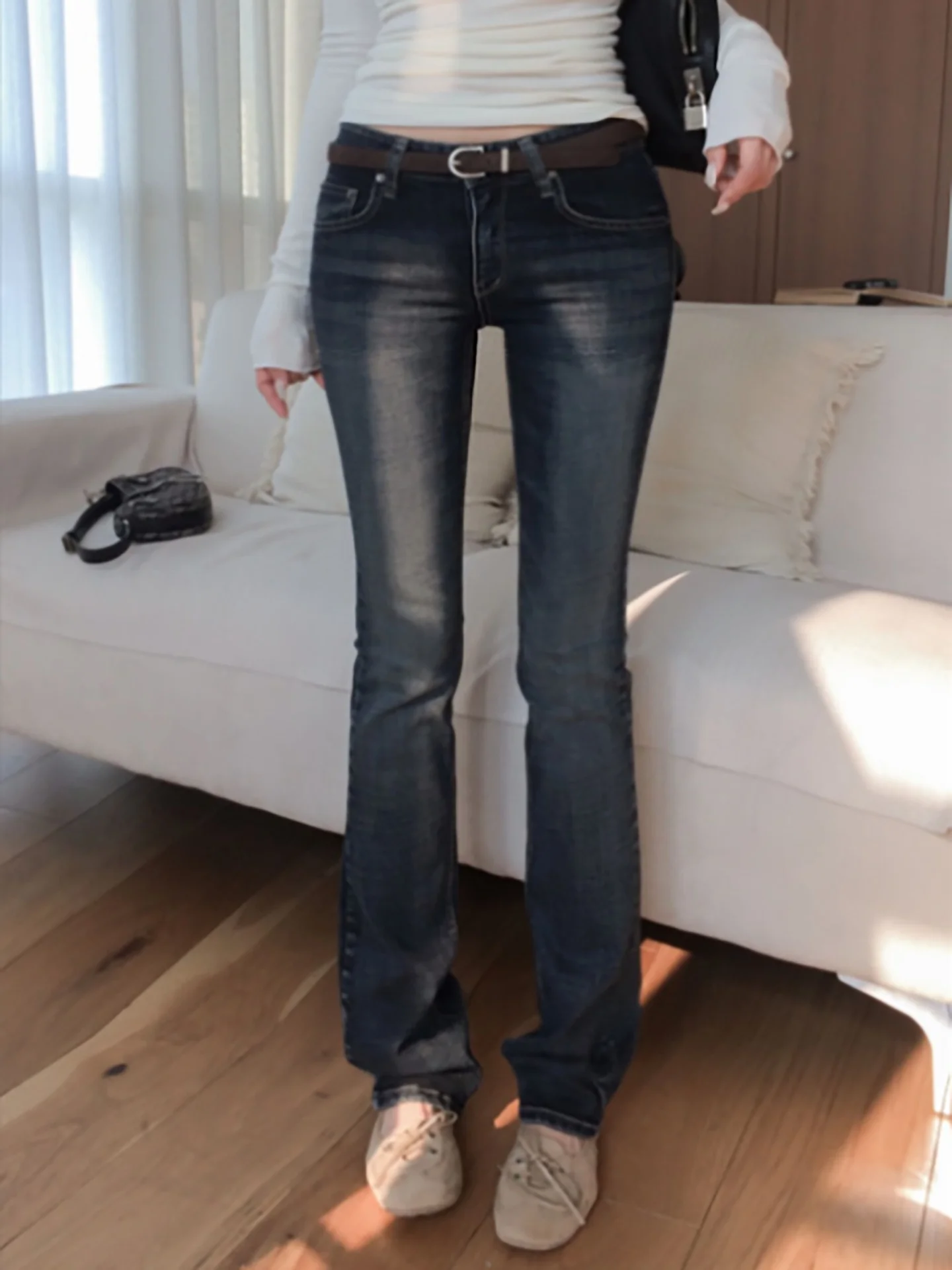 

Женские джинсы с низкой посадкой, прямые, облегающие, с эффектом подтяжки ягодиц, повседневные, универсальные, в стиле ретро, длинные брюки