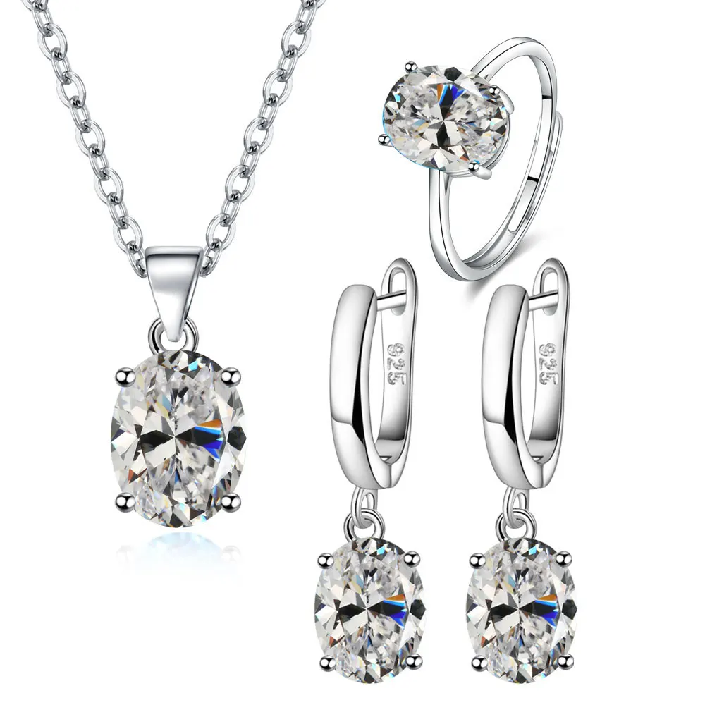 925 Sterling Silver Elegant Women\'s Jewelry Sets Ellipse Zircon Ring Necklace Earrings Accessories Juwellery Argent 925