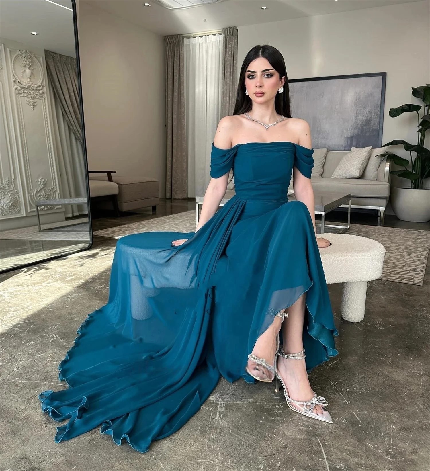 청록색 쉬폰 여성 롱 맞춤형 행사 드레스 이브닝 드레스 파스트롤 유니섹스 저지 레트로 두바이 사우디 아라비아 프롬 맞춤 제작