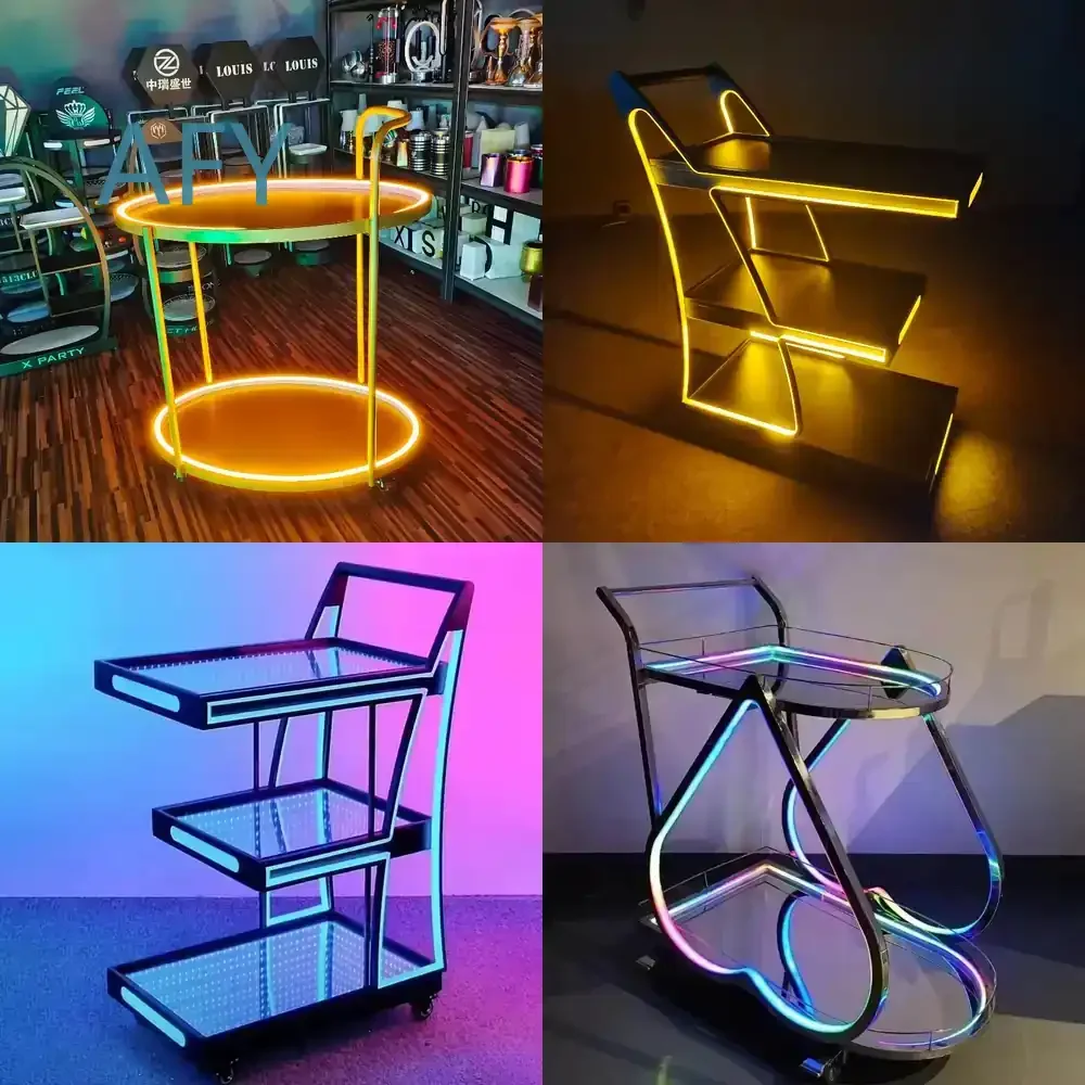Home Bar KTV Luminous Trolley for Wine Cake Food Delivery Cart Removable Stainless Steel Double Triple Layer Serving Trolley