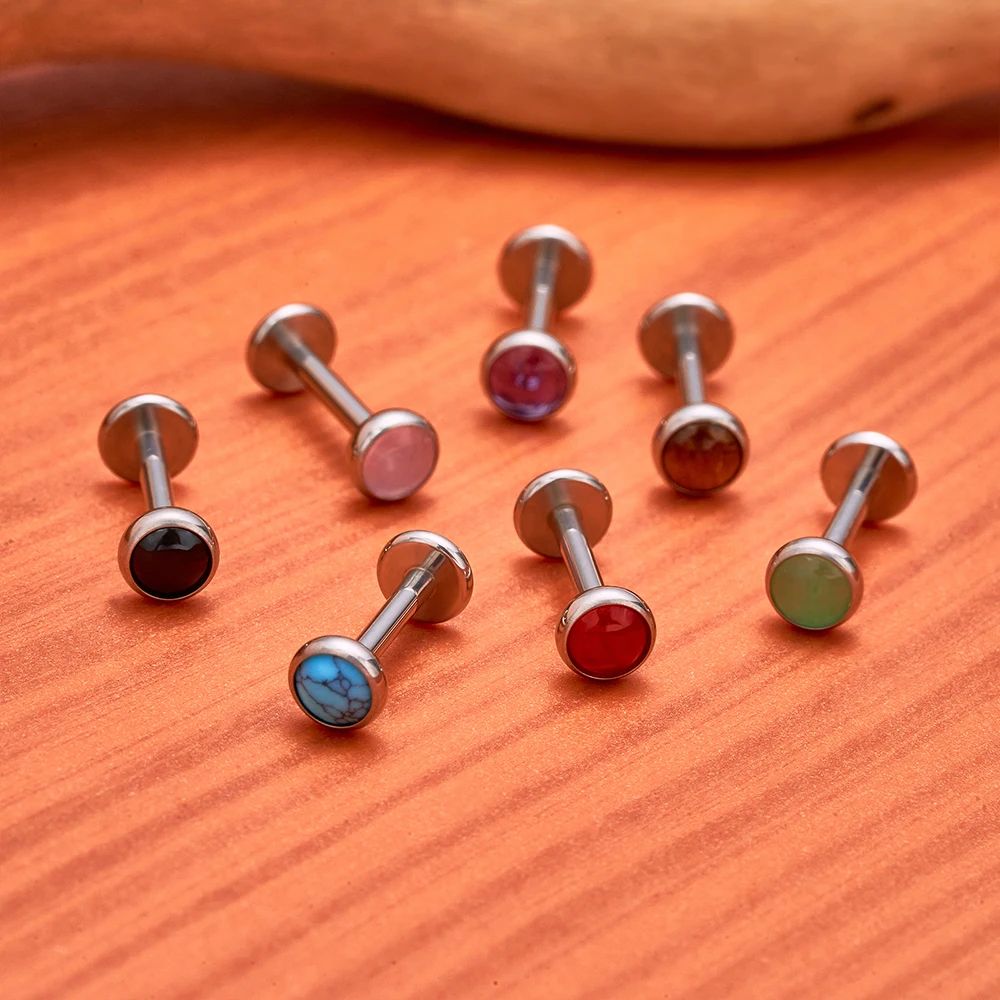 10Pcs G23 Titanium Circular Ear Lip Studs with Natural Stone Top Labret Tongue Nose Stud Earrings Body Piercing Jewelry
