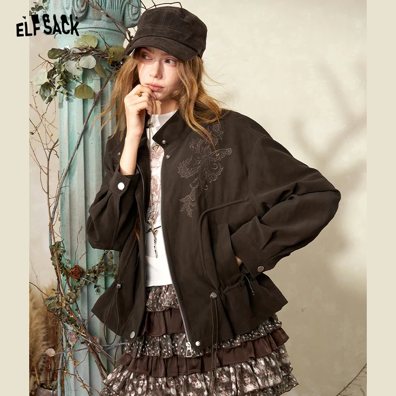 ELFSACK Women's Crop Leather Jacket with Floral Embroidery, Drawstring Waist Stand Collar Outerwear for Daily Casual
