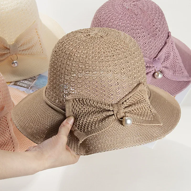 Summer Shade Breathable Sun Hat Women Beach Sunscreen Cap Foldable Bow Brim Cap Straw Hat Outdoor Travel Lady Girls Bucket Cap