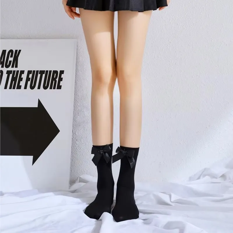 Slim Stockings Over Knee Solid Color bow tie Girls Lolita White Black Long Socks Thin Cute Thigh High Stockings