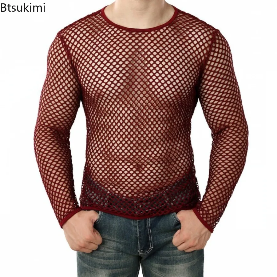 メンズセクシーシースルーメッシュクロップトップスフィッシュネットホローアウトTシャツファッションスポーツフィットネスベストナイトクラブショートTシャツシアートップス