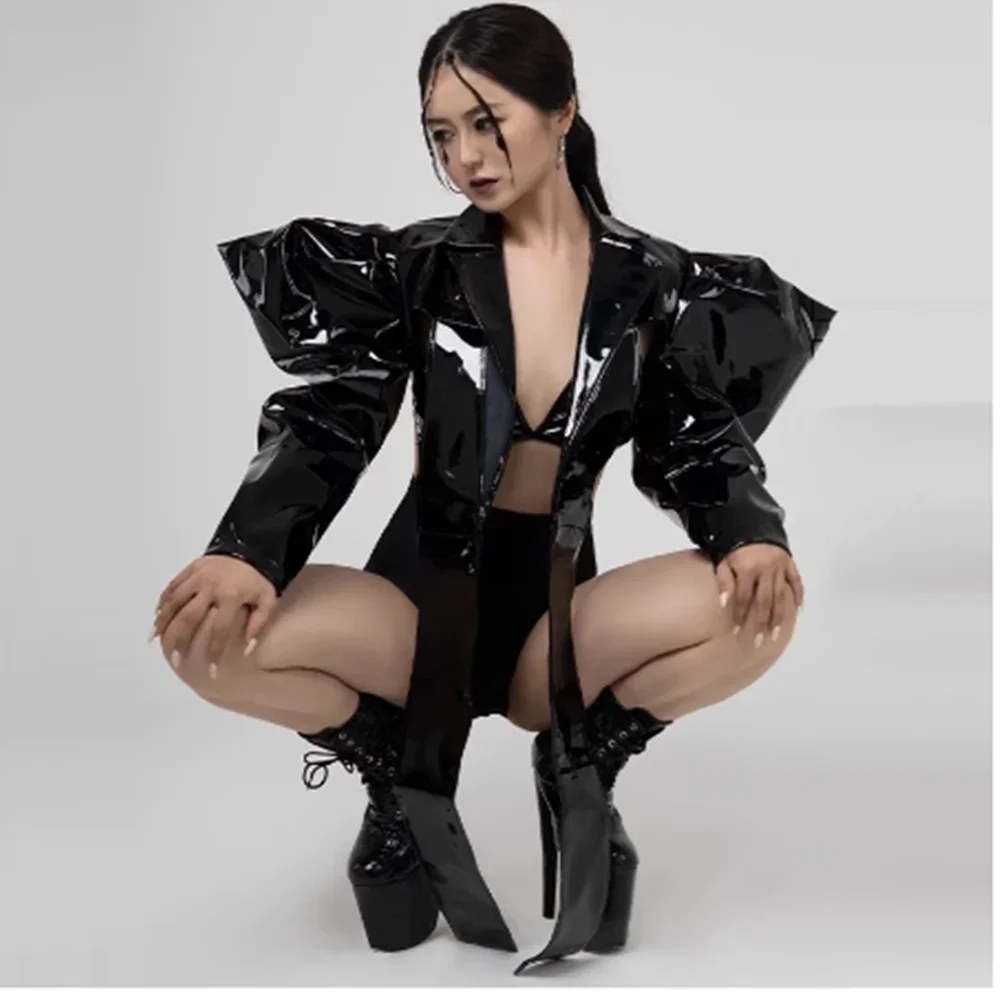 2025 Black Pu Leather Stand Shoulder Jacket Singer Gogo Dancer Performance Wear Sexy Bikini Nightclub Jazz Dance Outfit yj545