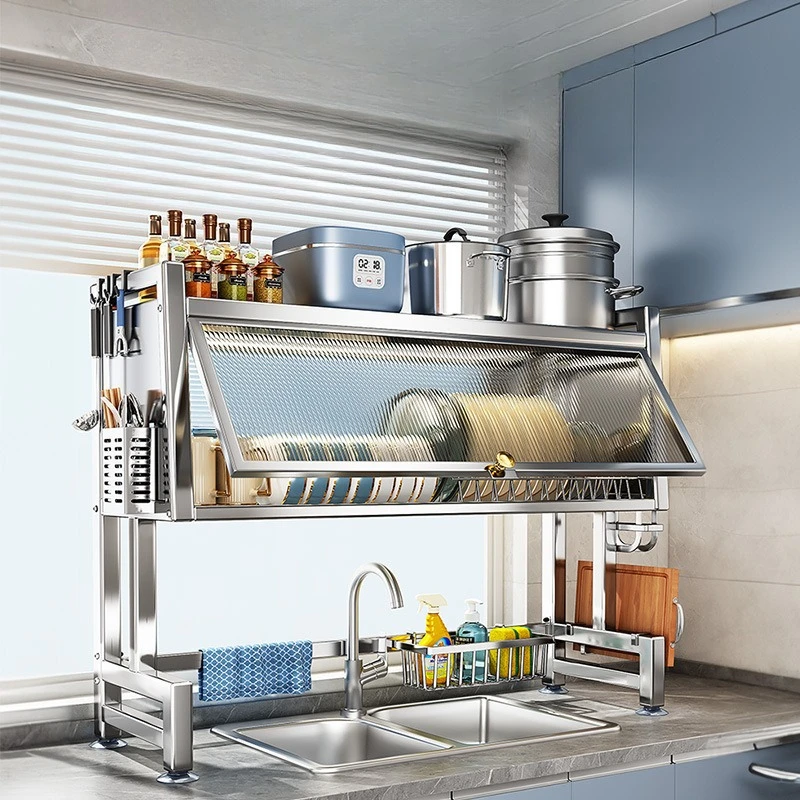 

Stainless Steel Sink Cabinet with Doors Anti-Dust Dish Drying Organizer Ventilated Mesh Basket Storage for Moisture Prevention