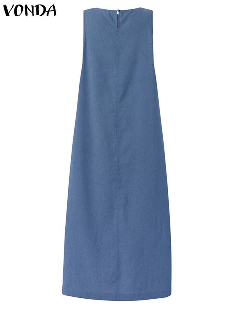 Vonda verão feminino casual maxi denim vestido 2025 sólido vestido de verão plissado solto sem mangas a linha robe oversized