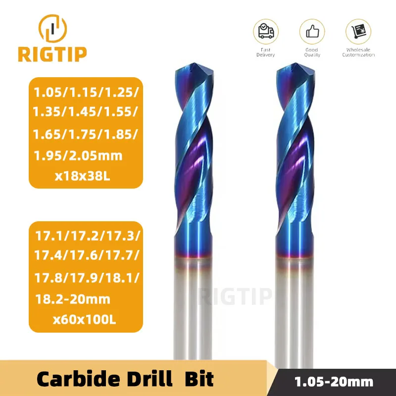 RIGTIP HRC65° Tungsten Carbide Drills Metal Drill Bits For Hard Metalworking CNC Lathe Steel Drilling Tool 1.05-2.05 17.1-20mm