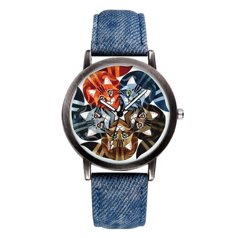 2023 Fashion Women Watches Abstract Cat Starry Sky Pattern Casual Wristwatch For Men Canvas Strap Blue Black Clock reloj hombre
