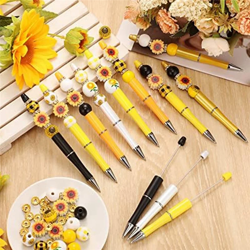 ABLU-12 Pack Plastic Beadable Pens Assorted Bead Pens Wood Beads Crystal Spacer Beads Set Round Beads Black Ink Ballpoint Pen Du